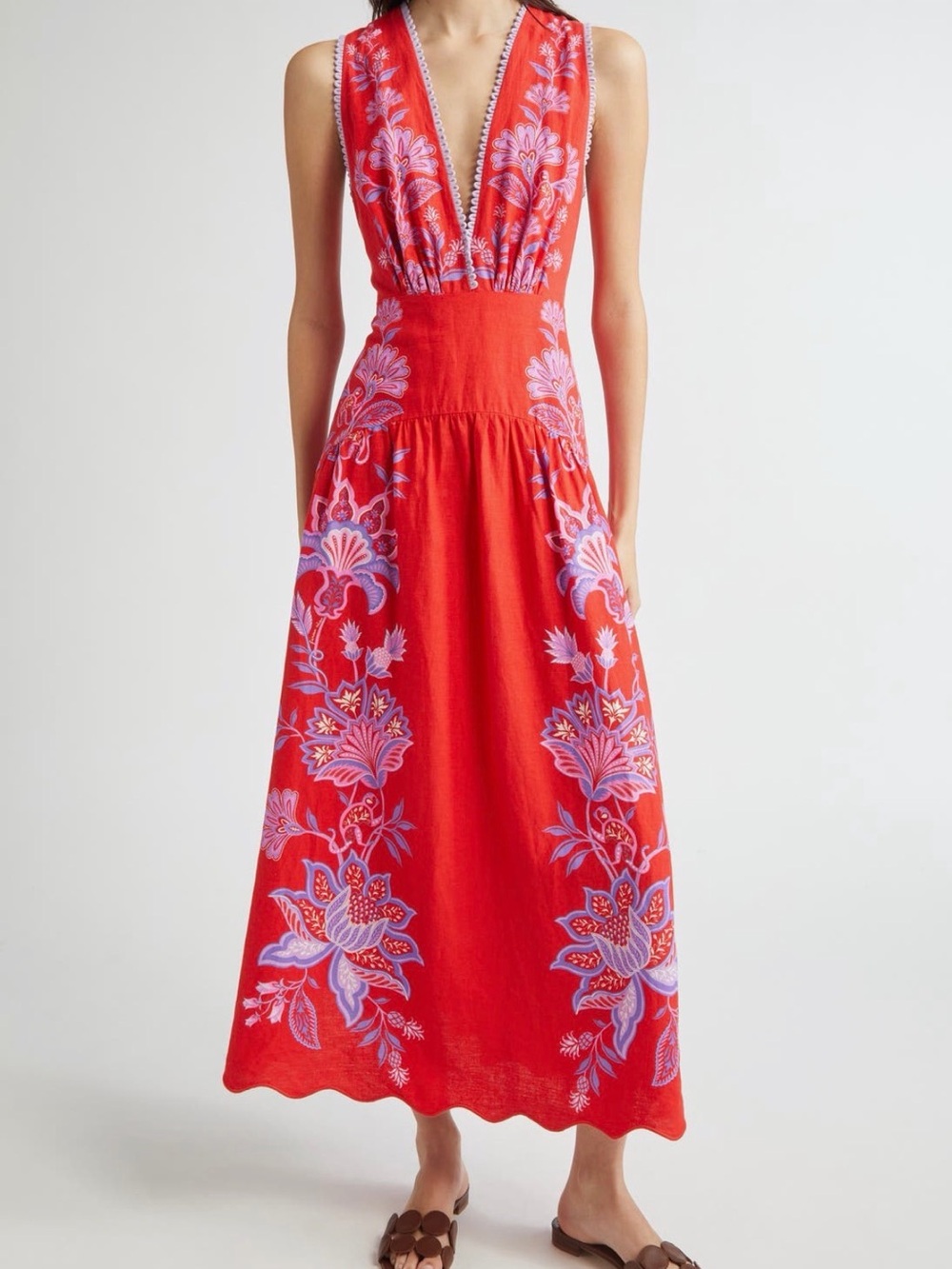 FARM Rio Red Maxi Dress with Pink-Lavender Floral Embroidery